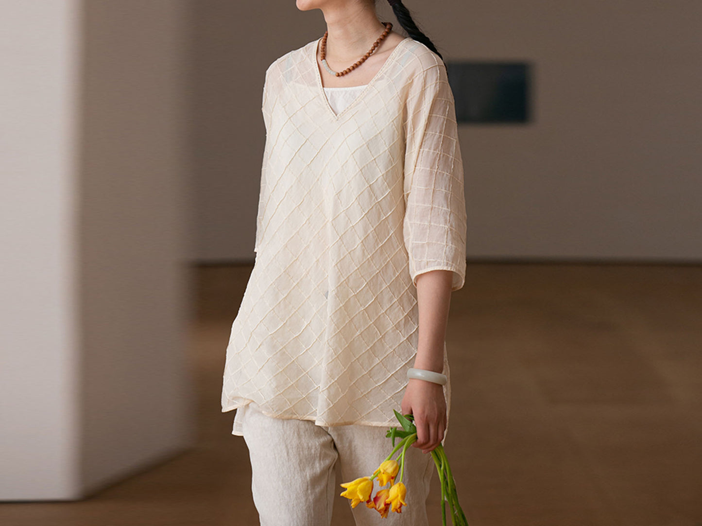 edoa High Counted Cotton Pintucked V-neck Blouse 