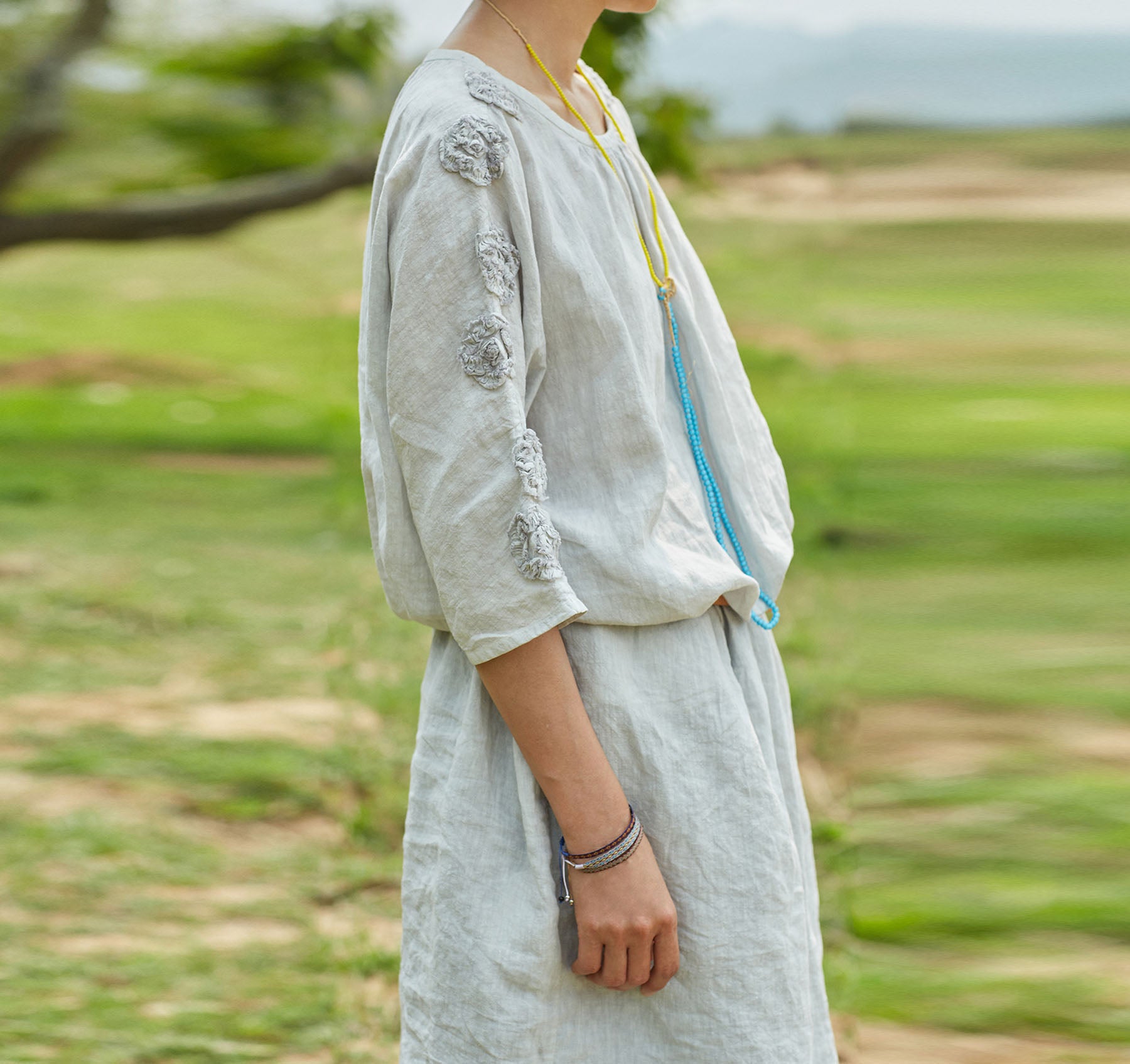 edoa Yarn Dyed Linen Tunic Dress with Handmade Tape embroidery