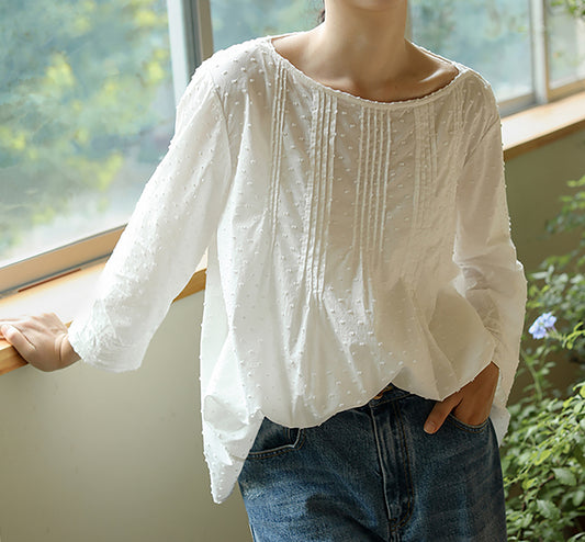 edoa Flocked Polka Dot Cotton Pintuck Blouse