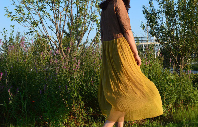 edoa Linen Dress with Gathering Silk Crepe