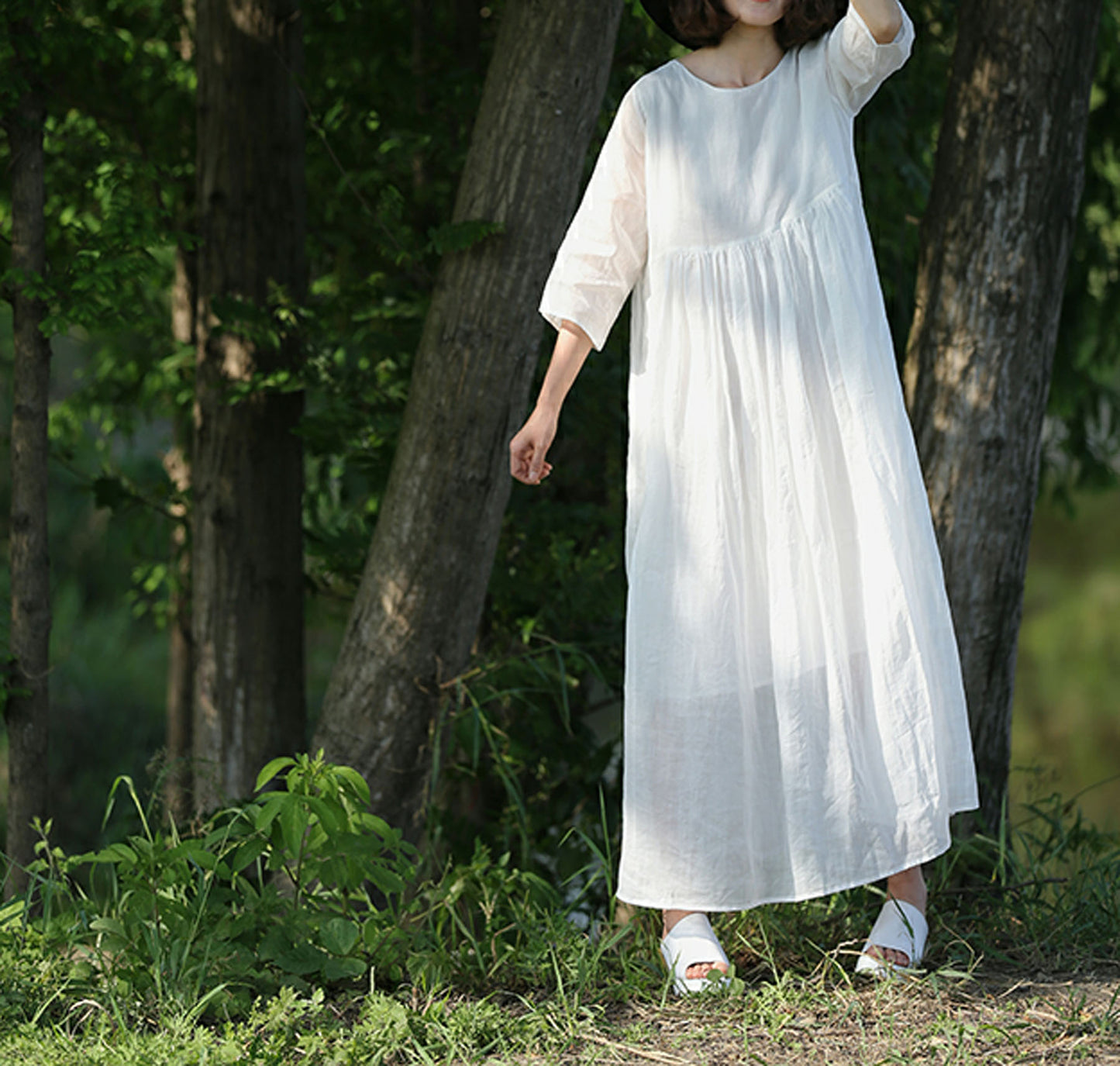 edoa White High Counted Ramie Maxi Dress