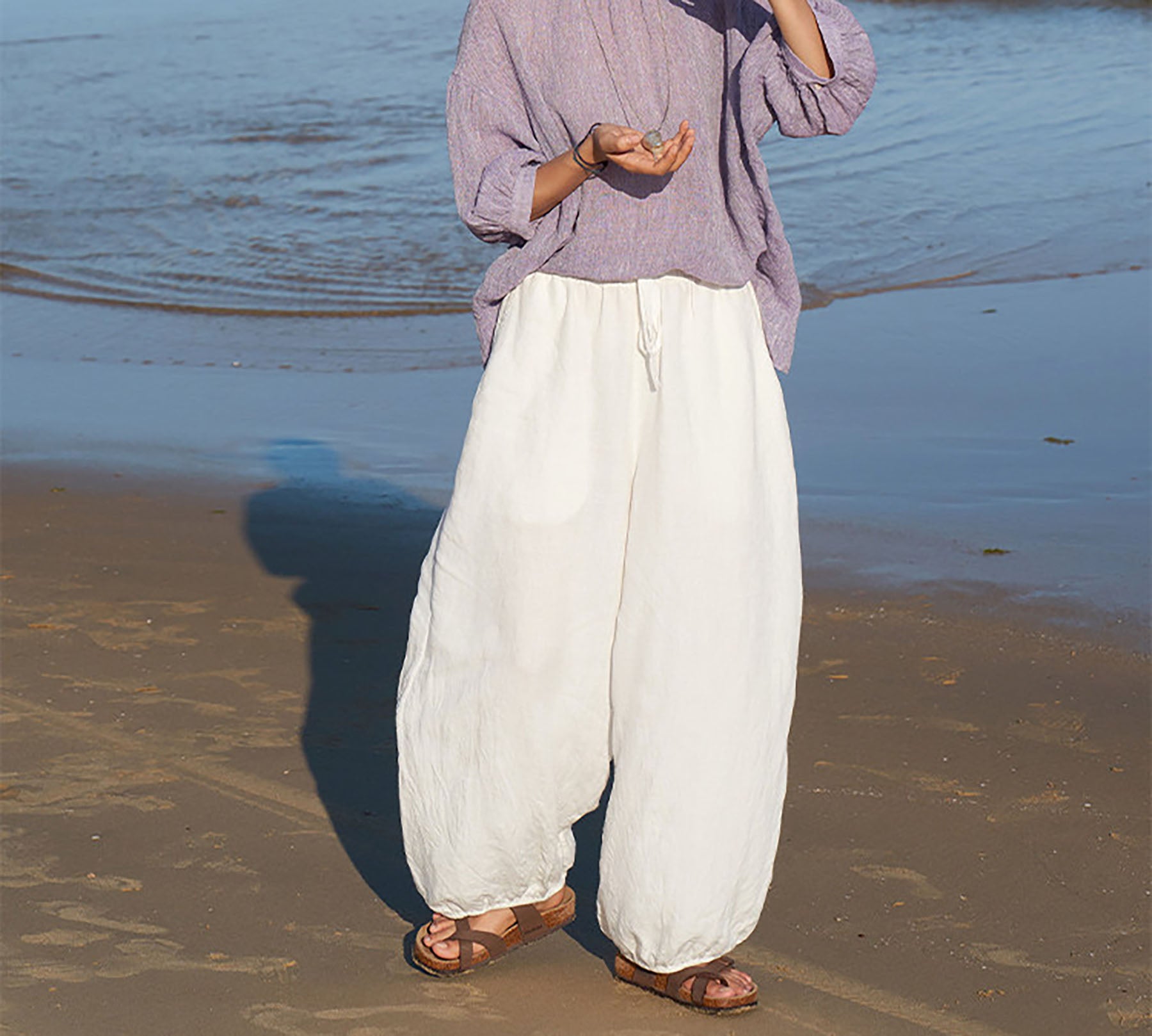 edoa White Linen Balloon Silhouette Trousers 
