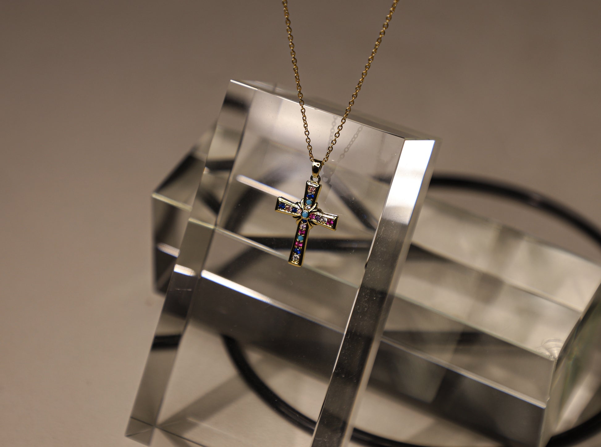 edoa Vivid Minimalist Dainty Multi-Gemstone Cross Necklace