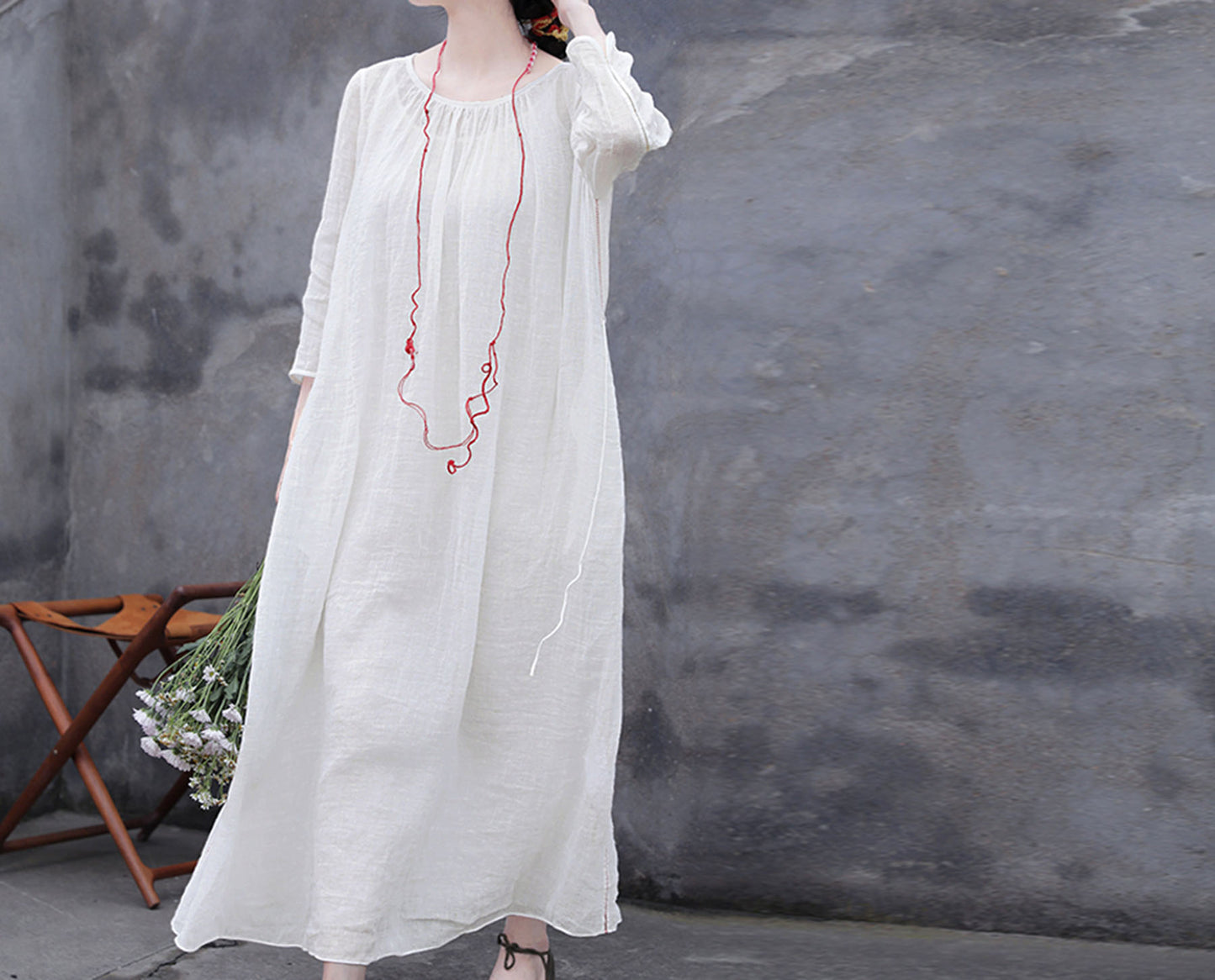 edoa White Linen Gauzy Maxi Dress with Hand Stitch Jointed Panels