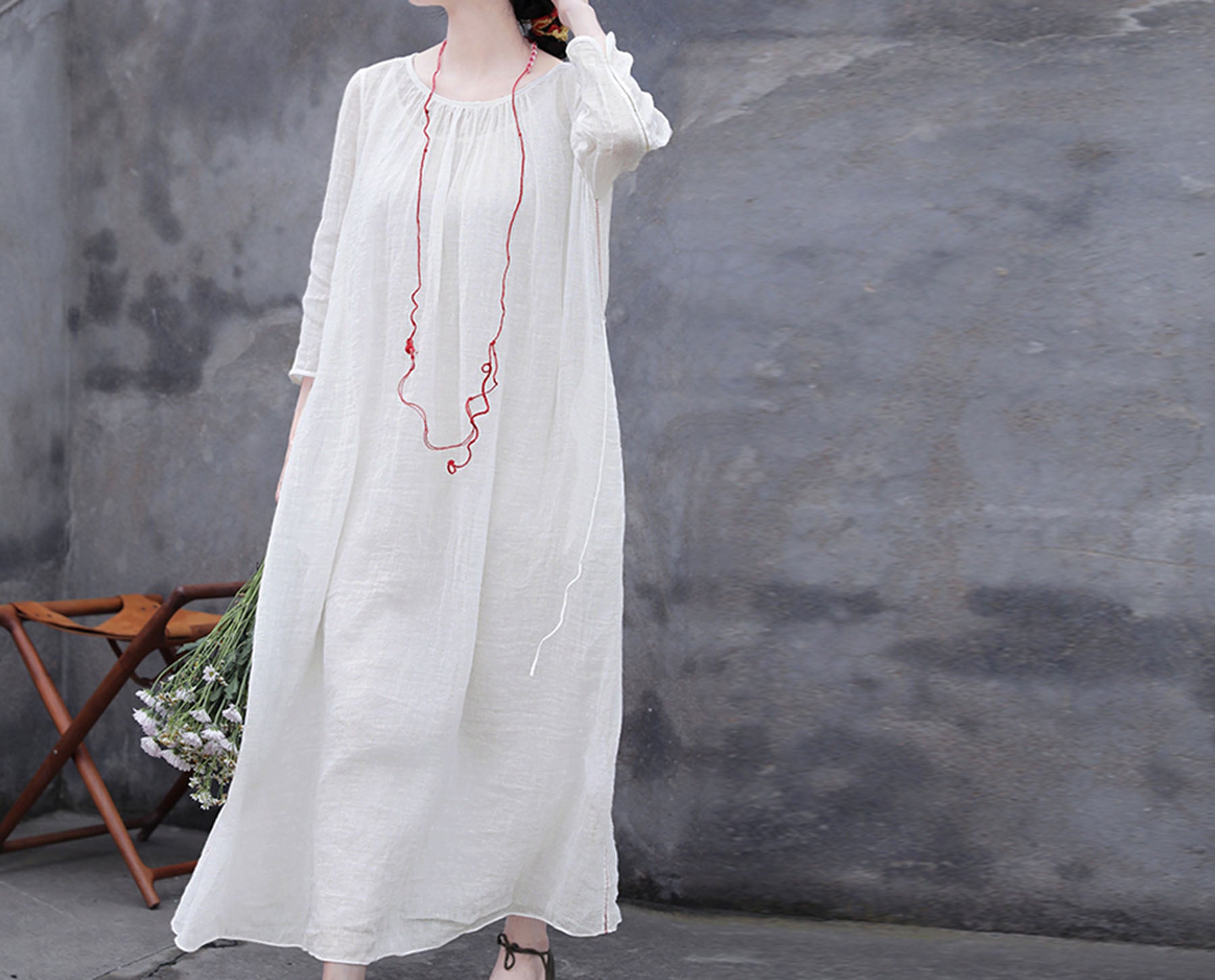 edoa White Linen Gauzy Maxi Dress with Hand Stitch Jointed Panels