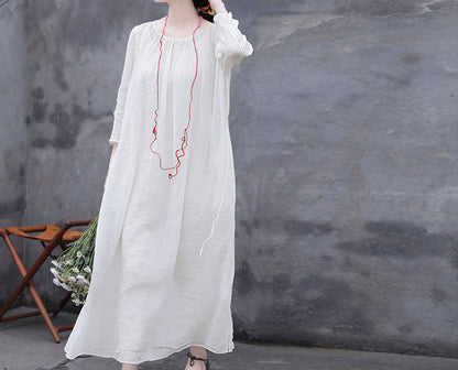 edoa White Linen Gauzy Maxi Dress with Hand Stitch Jointed Panels