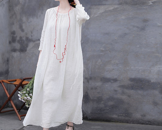 edoa White Linen Gauzy Maxi Dress with Hand Stitch Jointed Panels