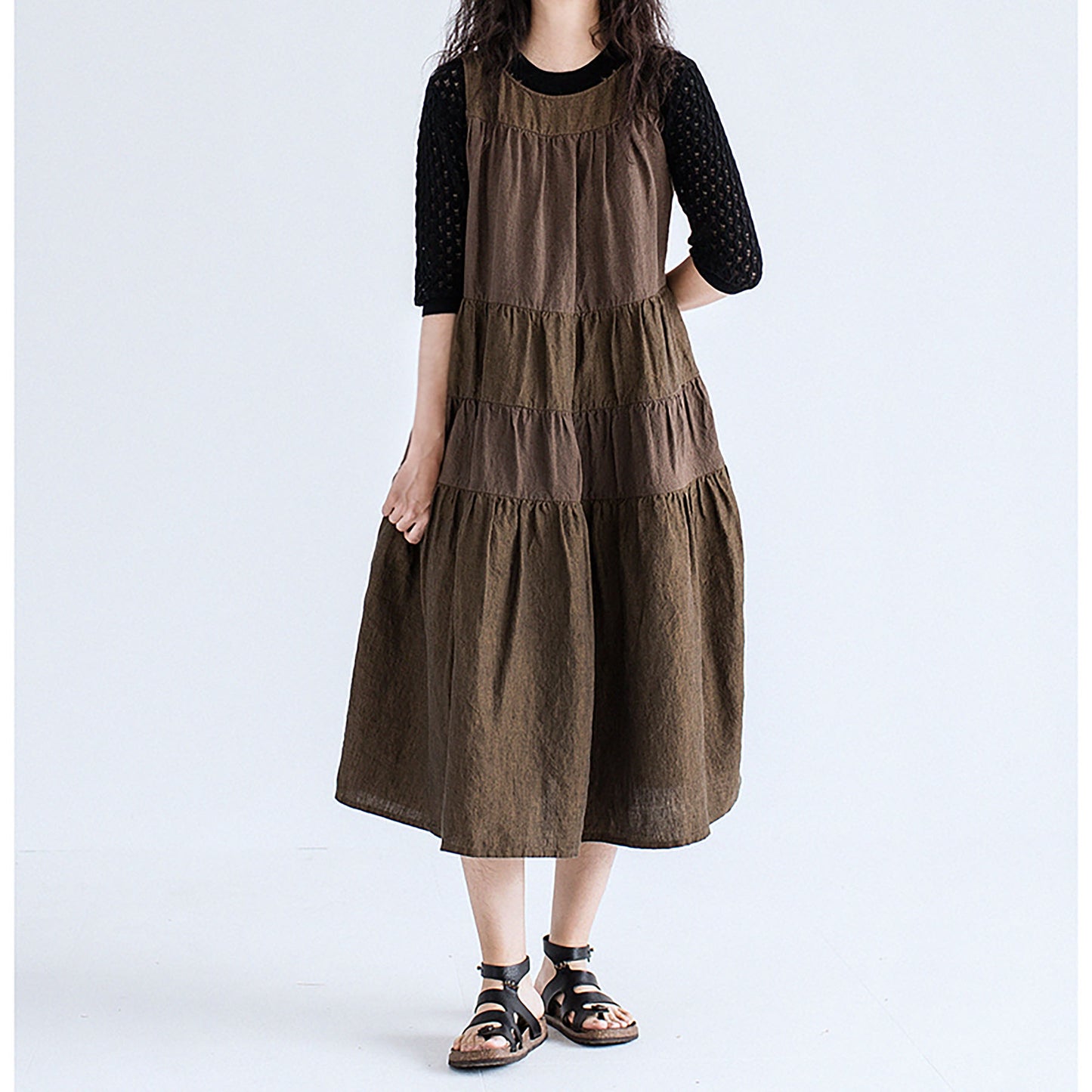 edoa Brown Two-tone Linen Tired Midi Dress