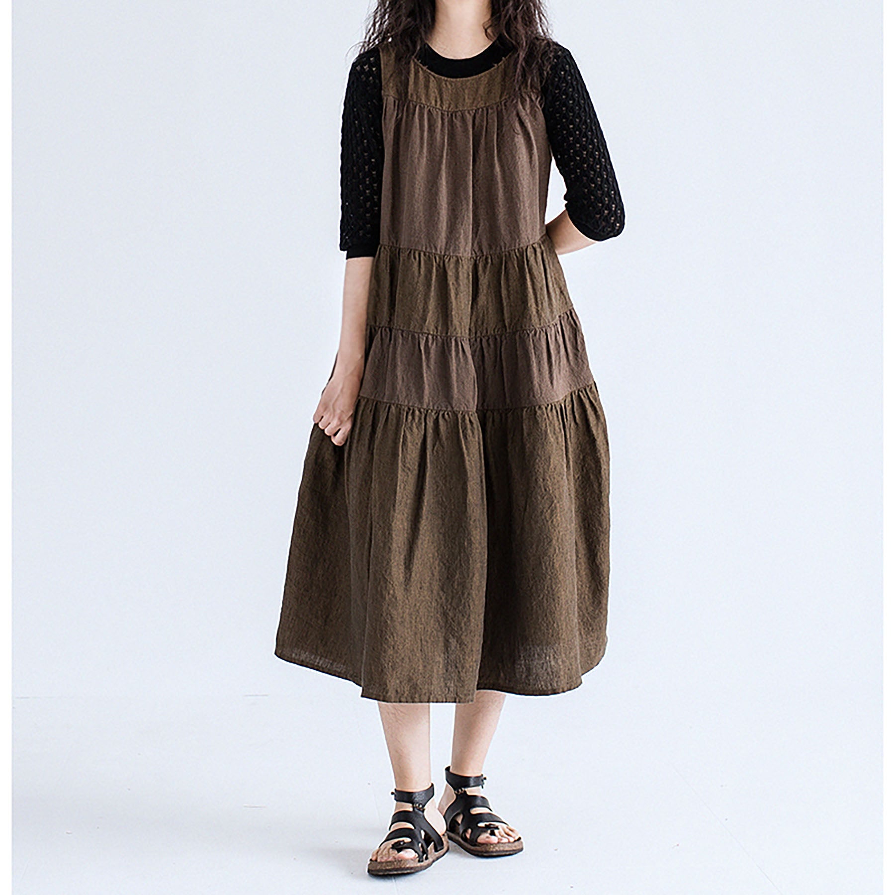 edoa Brown Two-tone Linen Tired Midi Dress