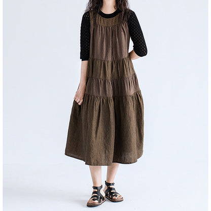 edoa Brown Two-tone Linen Tired Midi Dress