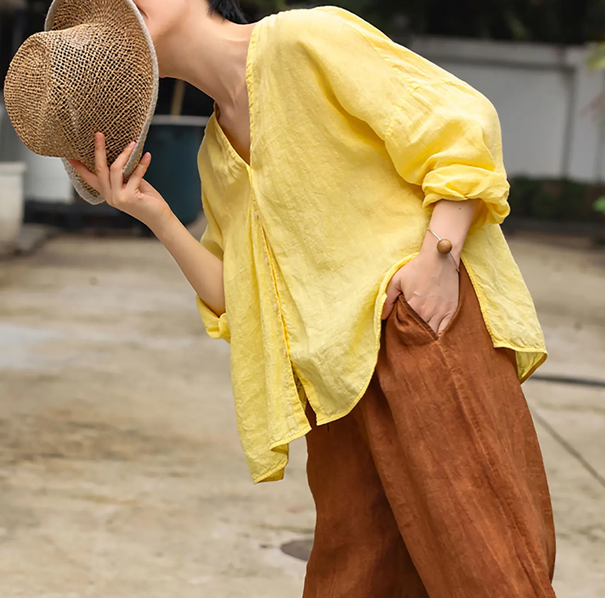 edoa High Counted Linen V-neck Blouse