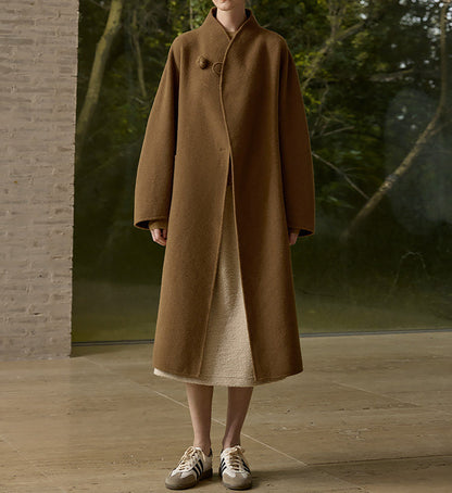 edoa New Chinese Style Double-faced Wool Long Coat