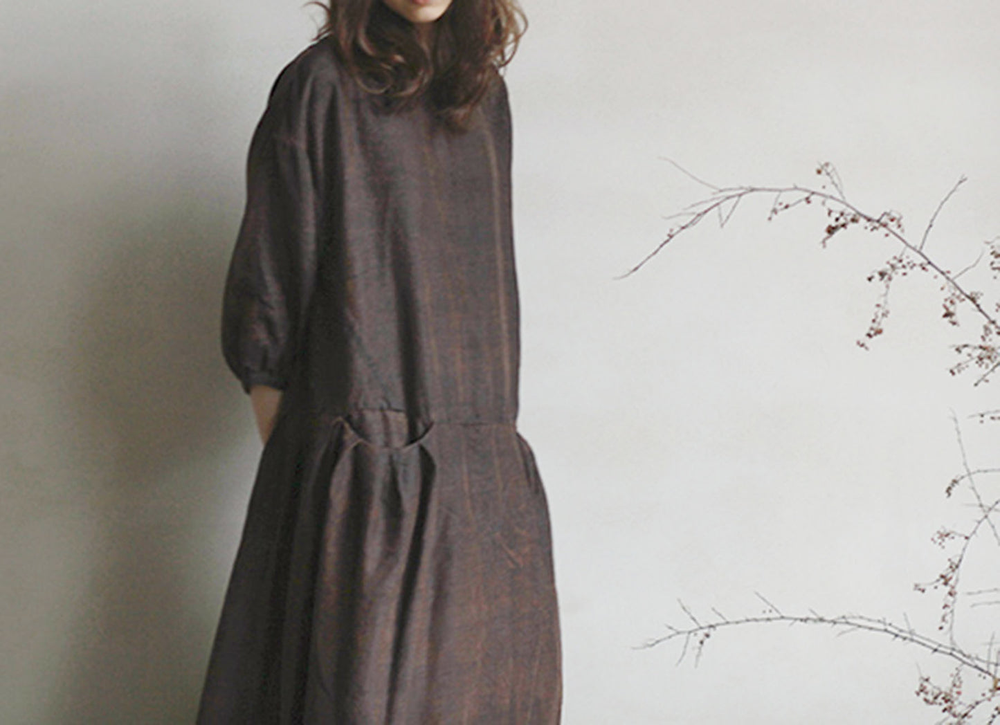 edoa Drop Waist Cracked Mud Silk 3/4 Sleeves Dress 