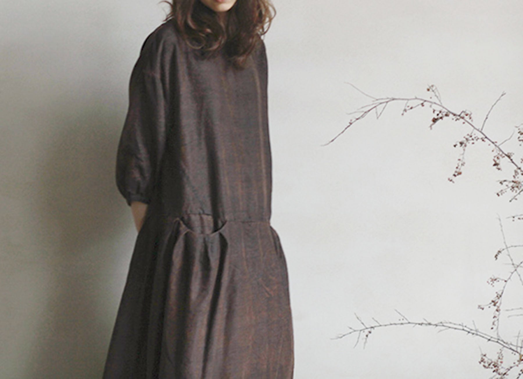 edoa Drop Waist Cracked Mud Silk 3/4 Sleeves Dress 
