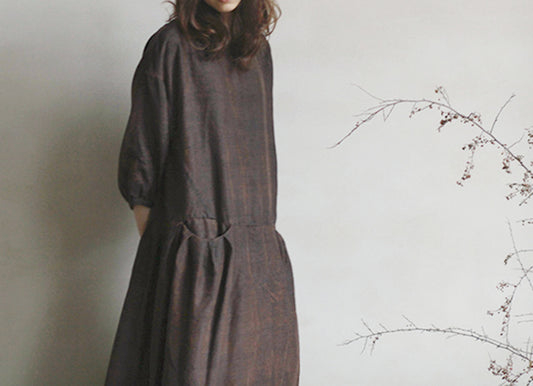 edoa Drop Waist Cracked Mud Silk 3/4 Sleeves Dress 