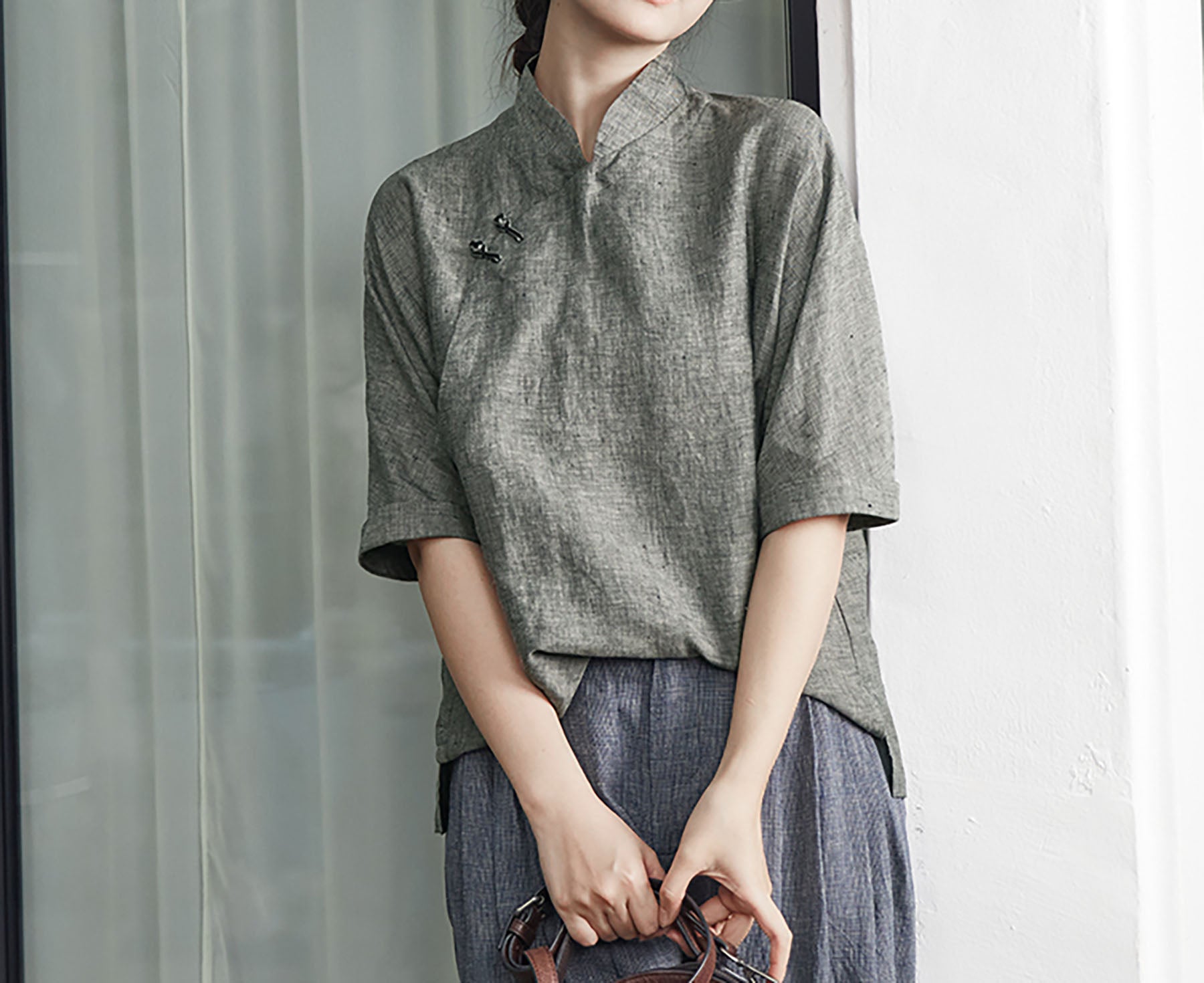 edoa Yarn Dyed Linen Chinese Shirt