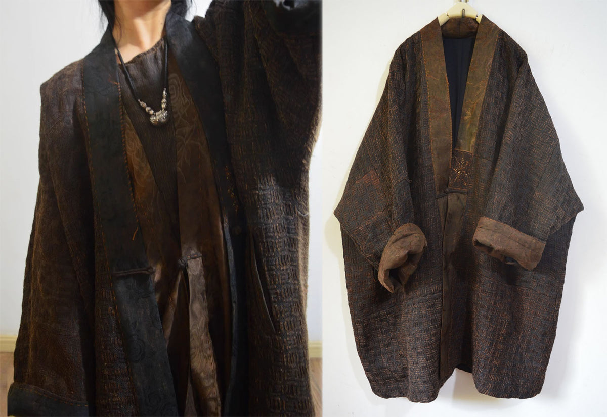 Mud Tussah Silk Tweed Kimono Coat co0242 X008