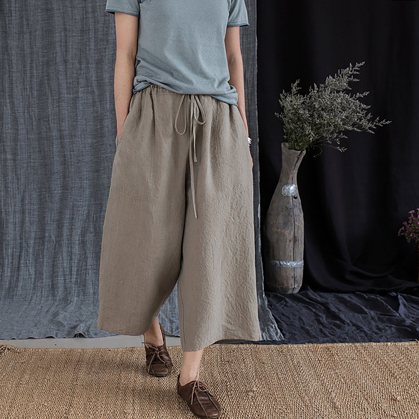 edoa Yarn Dyed French Linen Wide Pants