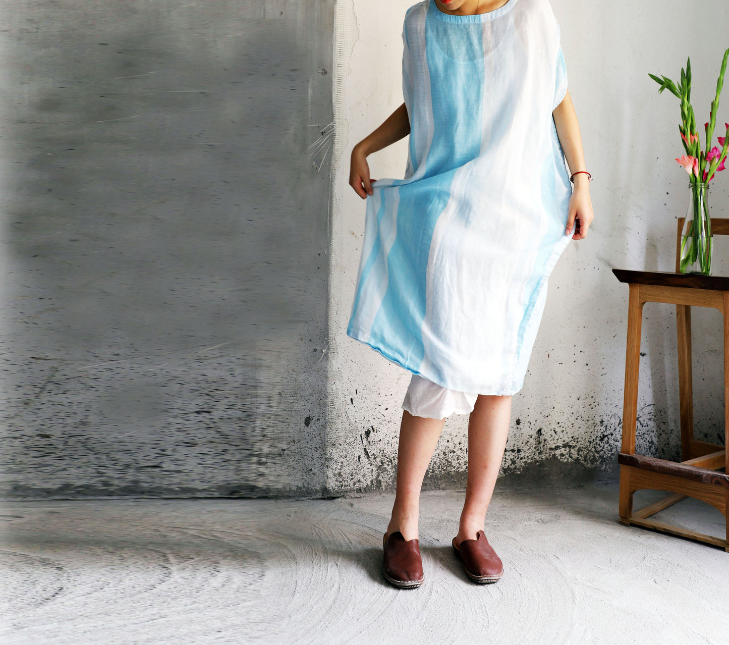 edoa Striped Ramie Oversized Circle Dress