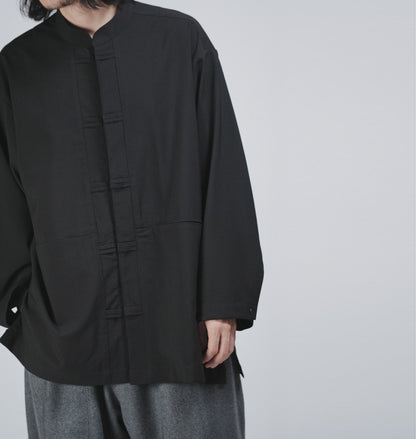 edoa Casual Loose fit Chinese Style Stand Collar Thin Woolen Kung Fu Over Shirt