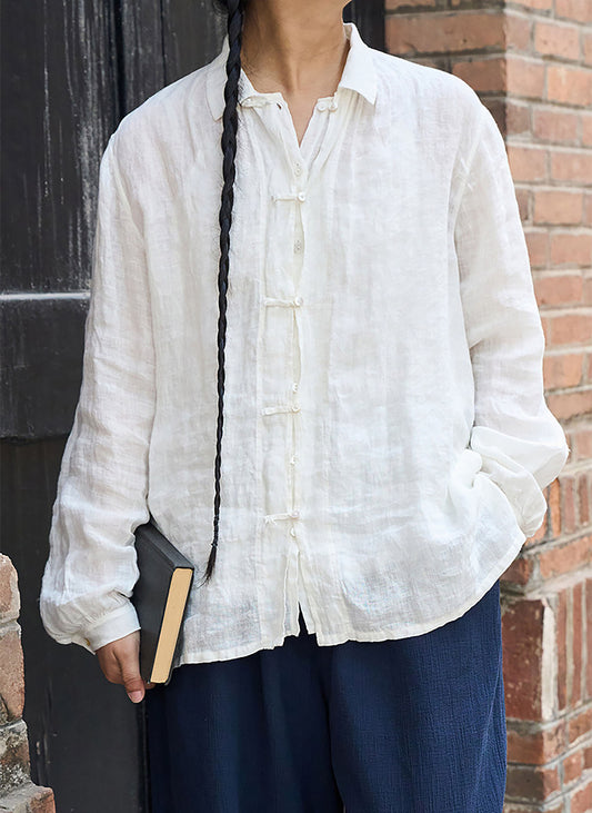 edoa Relaxed White High Count Linen Blouse