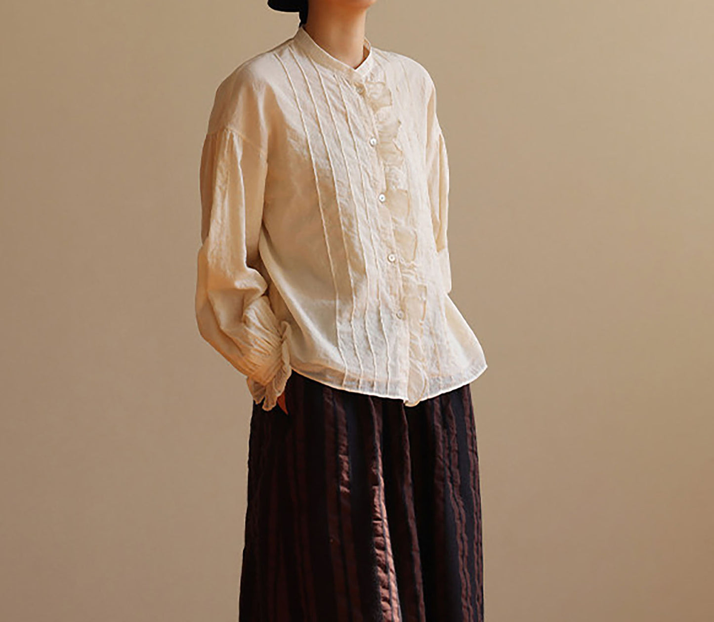 edoa Elegant Double-layer High Counted Long Staple Cotton Pintucked Ruffle Blouse