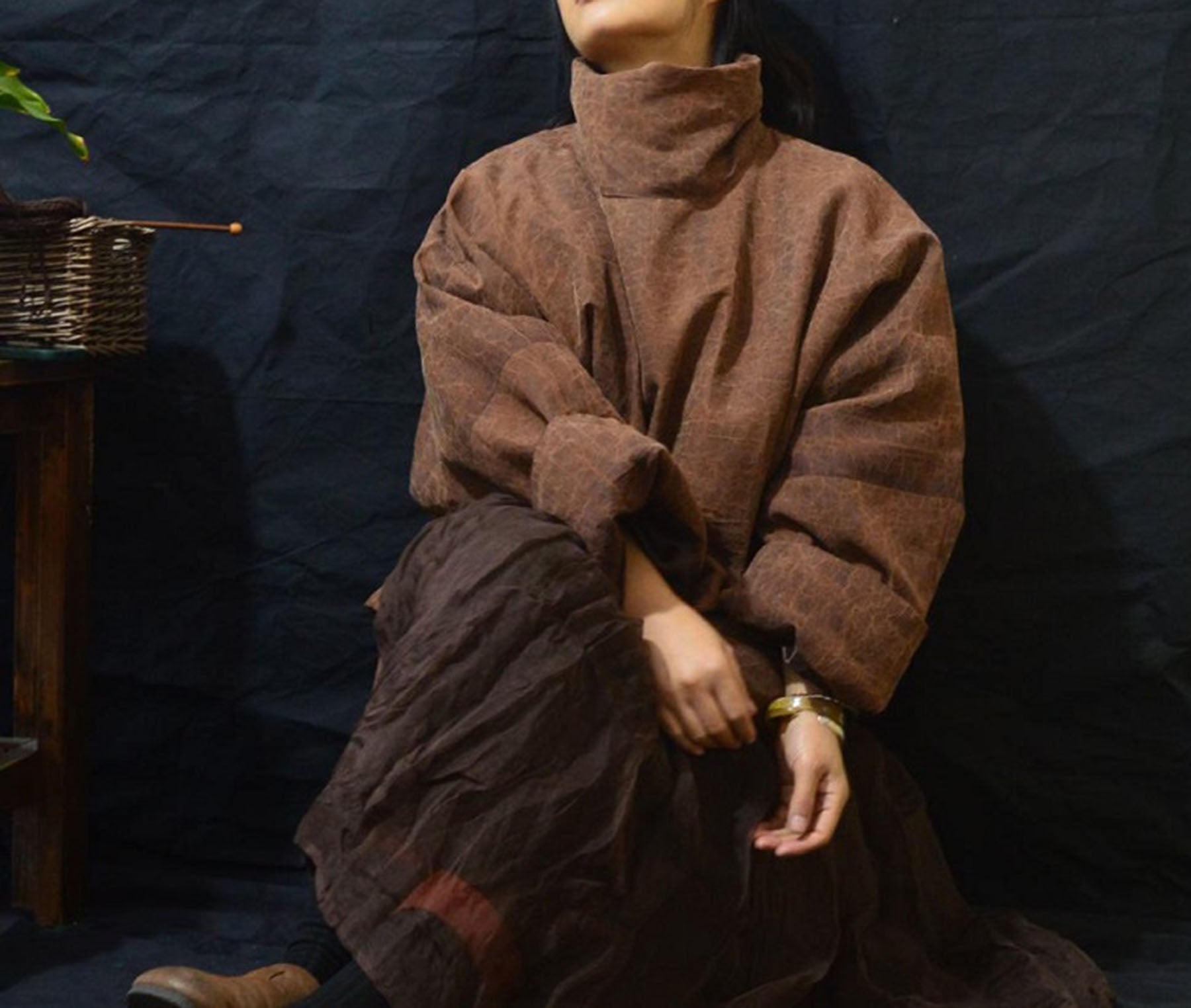 edoa Cracked Mud Silk Goose Down Turtleneck Coat 