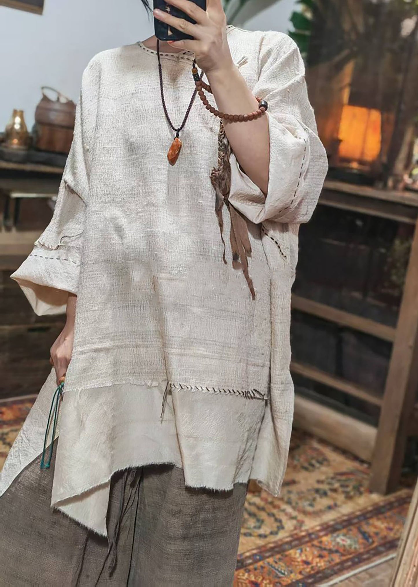Oversized Natural Tussah Silk Slub Tunic to0329 X327