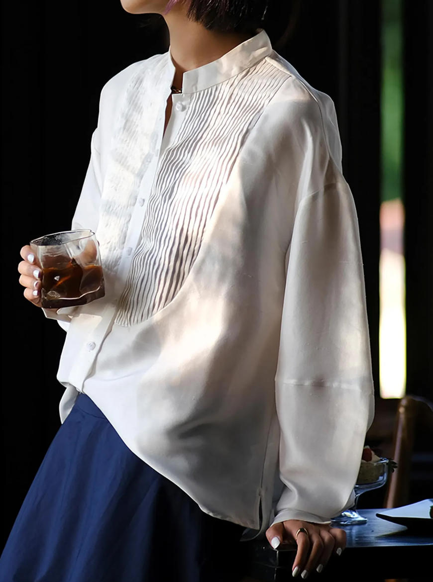edoa White Dupioni Silk Asymmetric Pintuck Blouse