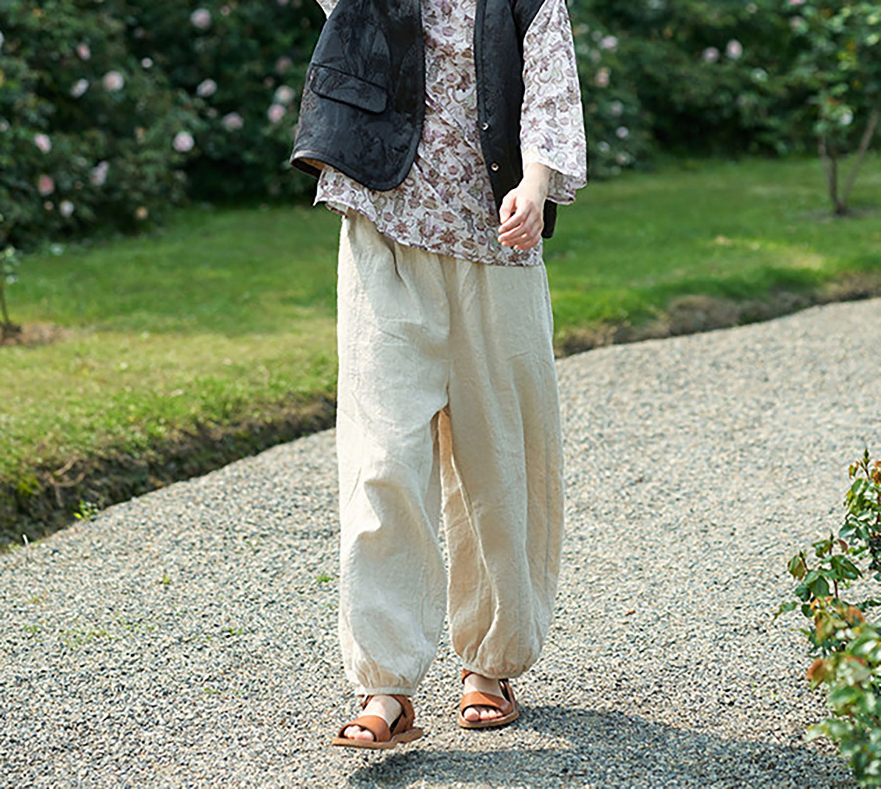 edoa Flax Linen Elasticated Waist Lantern Pants