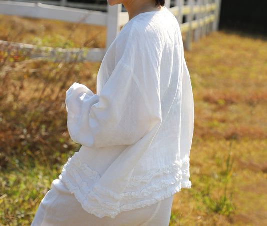 edoa Loose White Linen Blouse with flounces