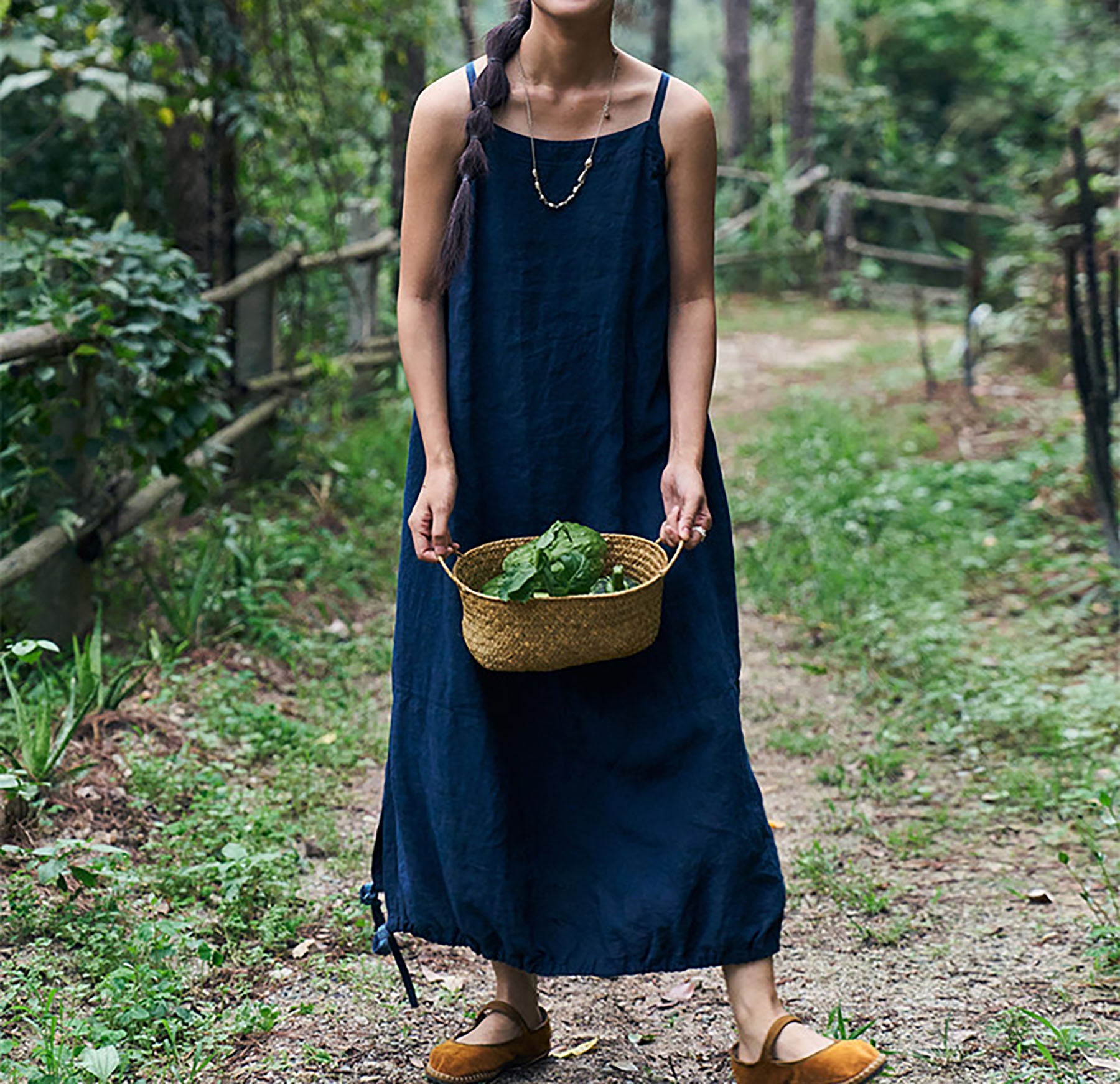 edoa Indigo Blue Linen Cocoon Shape Overall Dress