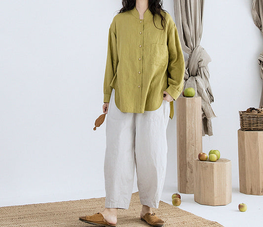 edoa High Count Prewashed Linen Multi-way Collar Shirt 