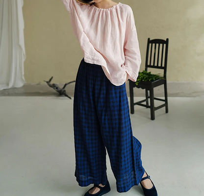 edoa Pink High Counted Linen Gather Blouse