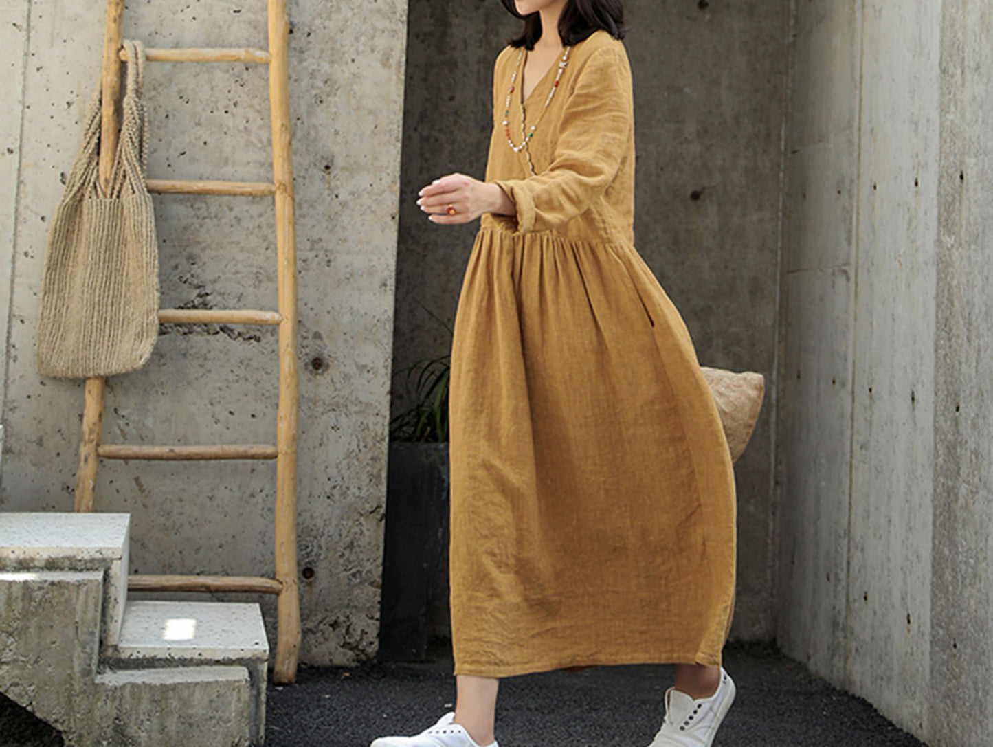 edoa V Neckline Linen Maxi Dress 