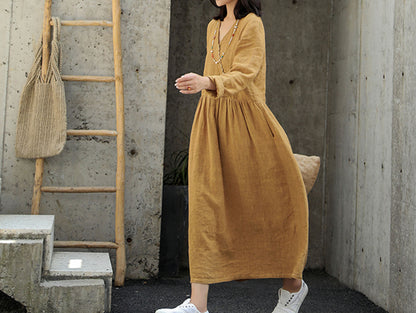 edoa V Neckline Linen Maxi Dress 