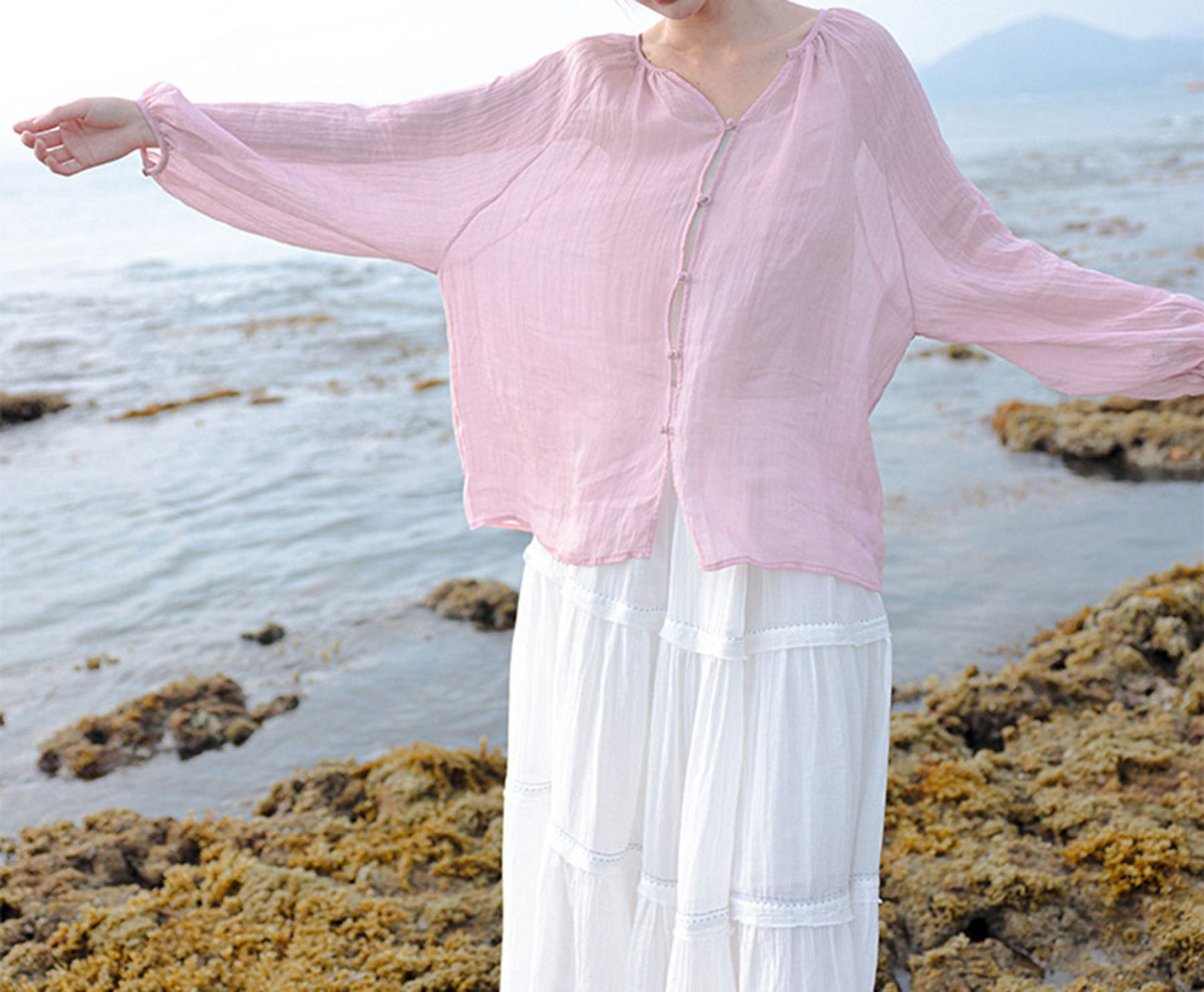 edoa Loose Pink Crinkled Ramie Rayon Blend Chinese Blouse