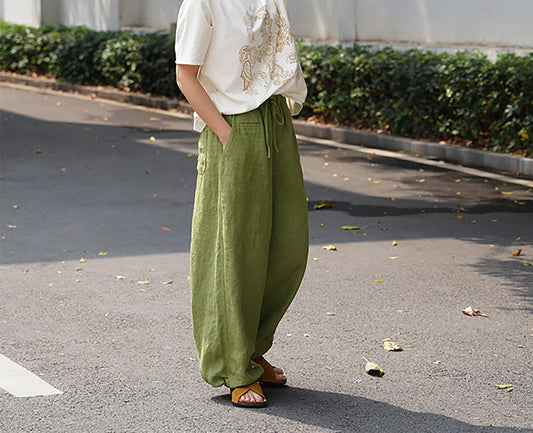 edoa Green Linen Elasticated Drawstring Waist Wide-leg Work Pants