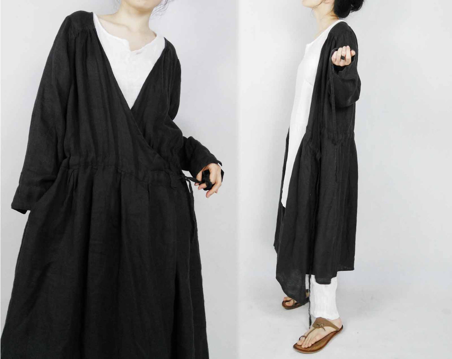 edoa Black Linen Wrap Dress 