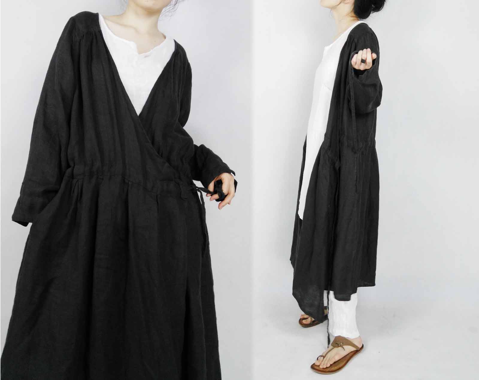 edoa Black Linen Wrap Dress 