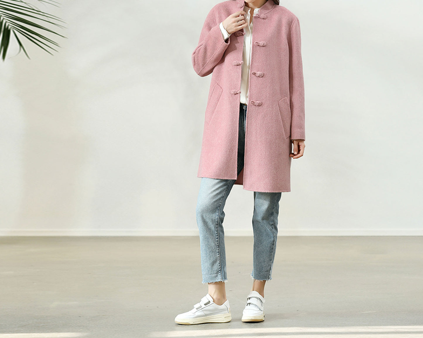 edoa Pink Double-faced Wool Chinese Coat 
