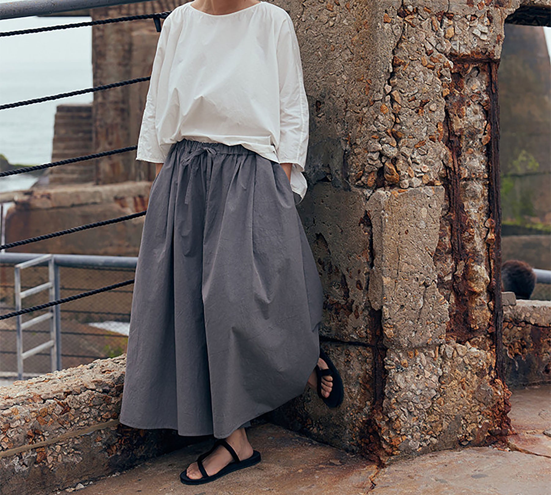 edoa White Loose Fitting Dolman Sleeves  Cotton Pullover Shirt