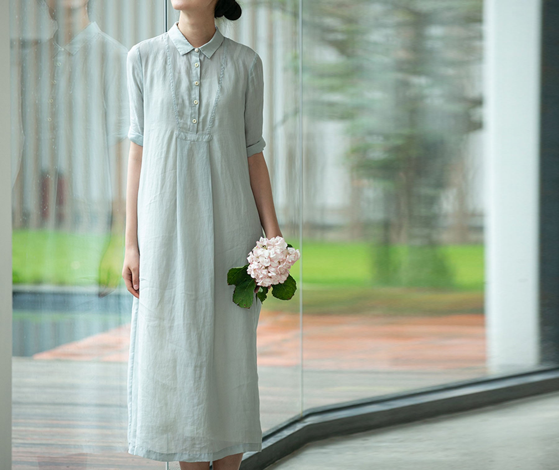 edoa High Counted Ramie A-line Shirt Dress 
