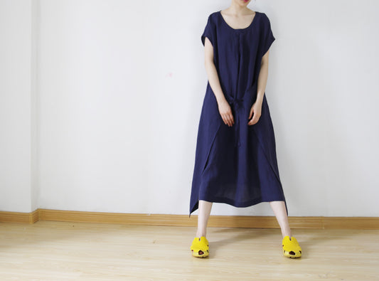 edoa Plus Size Navy Blue Washed Linen Dress 