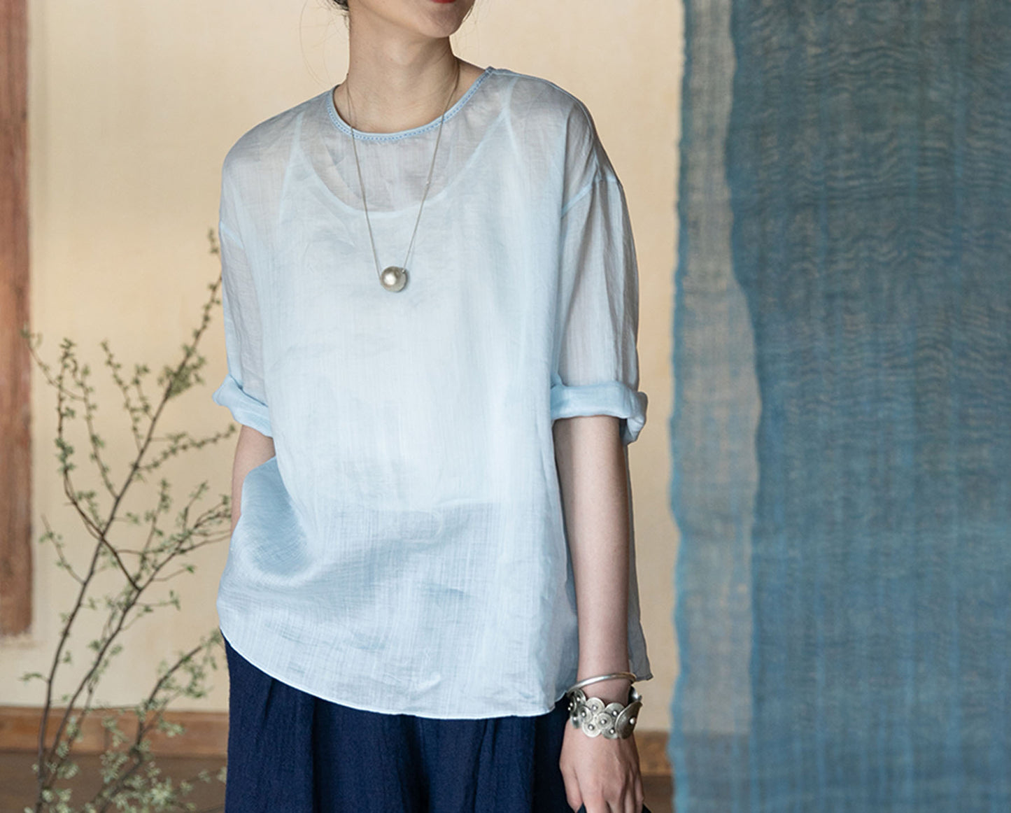 edoa High Counted Ramie 3/4 Sleeves Blouse 
