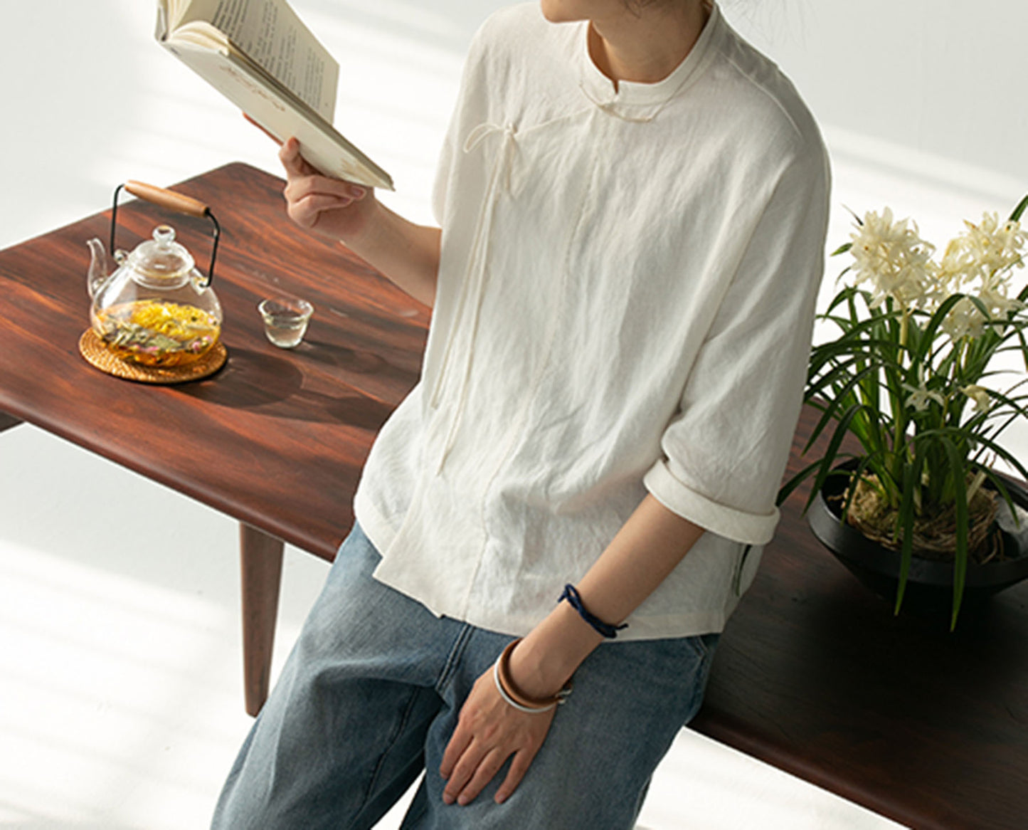 edoa Washed Linen Modified Chinese Blouse 