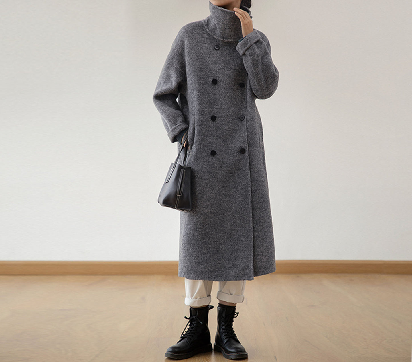 edoa Double Faced Alpaca High Neck Cocoon Coat 