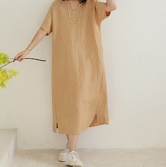 edoa Yarn Dyed French Linen V-neck Dress 