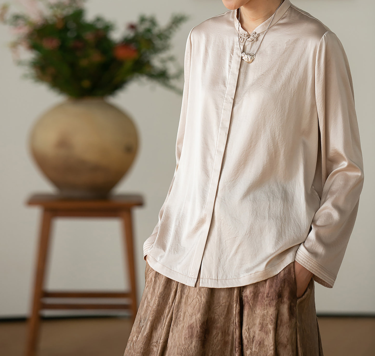 edoa Charmeuse Silk Satin Chinese Blouse