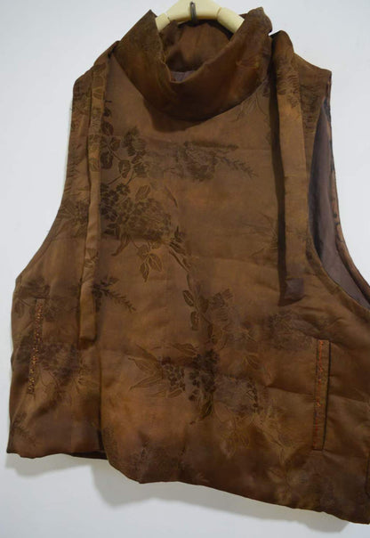 Distressed Mud Silk Jacquard High Neck Goose Down Vest to0336 X004